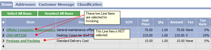 Selecting Line Items for Invoicing