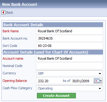 New Bank Account page