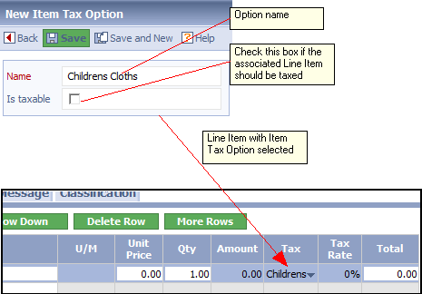  Item Tax Option and associated selection on Line Item