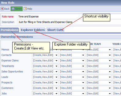New Role showing Permissions, Explorer and Shortcut tabs